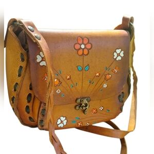 Vintage Mexico Handmade Painted Floral Embellished Tan Leather Bag